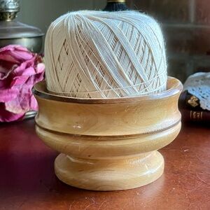 Natural Wood Yarn Bowl with Cream Crochet Thread
